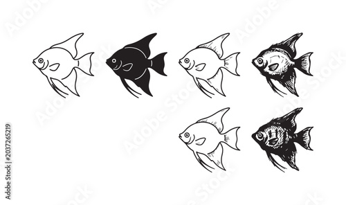 Schilderij op canvas Six black and white angelfish illustrations in various styles: line art, silhouette, etching, and multiple doodle sketches