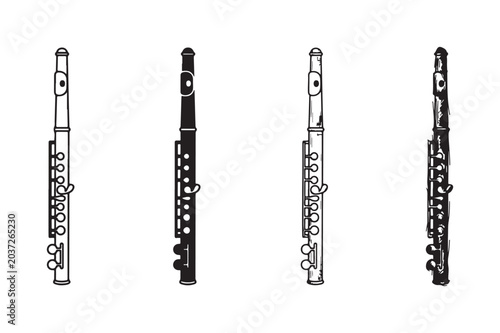 Photos Four distinct black and white illustrations of a flute, shown vertically, covering various artistic styles: line art, silhouette, etching, and a doodle sketch