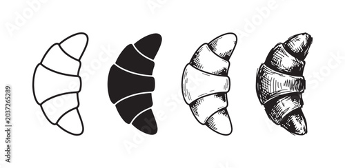 Foto Croissant illustrations in four distinct styles: simple outline, solid black silhouette, detailed line art, and textured sketch