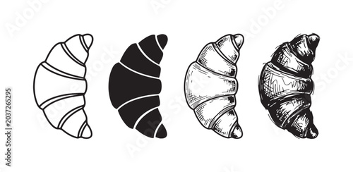 Foto Four distinct styles of croissant illustrations, ranging from a basic outline and solid black to intricate line art and a detailed sketch