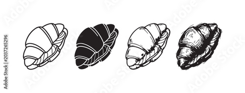 Konstfotografi Four variations of a layered croissant illustration, including minimalist outline, solid black, detailed line drawing, and an expressive sketch
