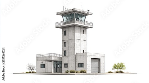 Modern concrete air traffic control tower with glass observation deck and surrounding landscape