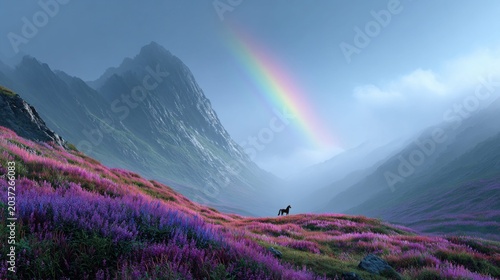 Majestic horse stands on a wildflower meadow under a vibrant rainbow in misty mountains
