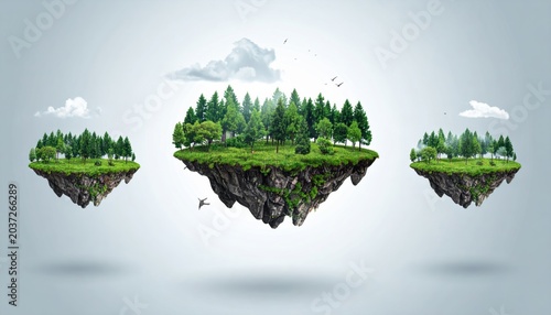 Floating islands with lush green forests and grassy landscapes.