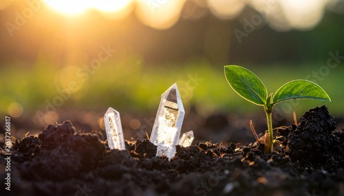 Crystals in soil with green plant growing.