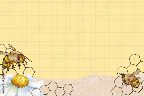 Tableau sur toile Yellow grid patterned background, bees border