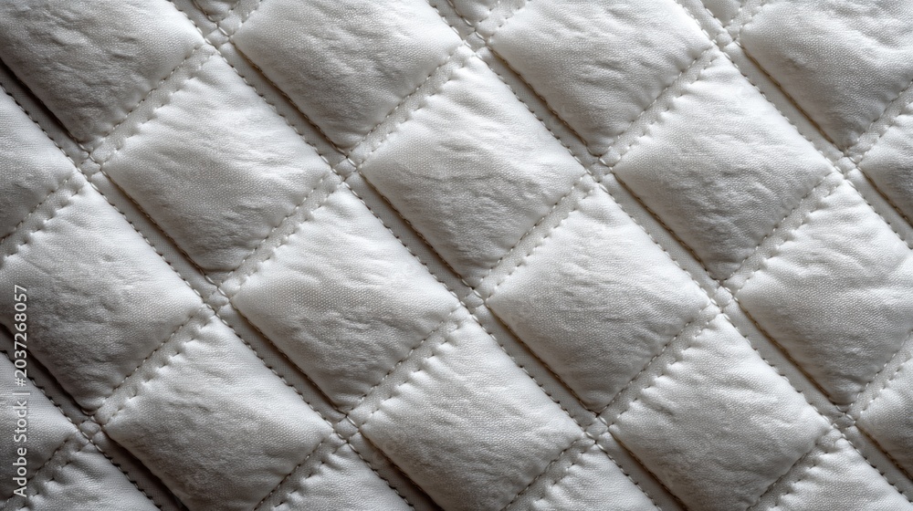 Fototapeta premium Quilted cotton fabric, diamond stitching pattern, white padded material, mattress cover texture background, soft comfort 