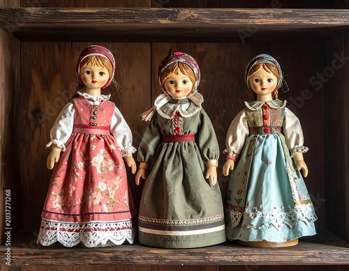 Vintage dolls in traditional dresses.