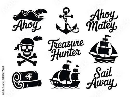 Pirate symbols and phrases illustrations including ships anchors skulls and treasure maps on white background