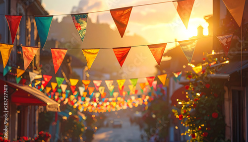 Colorful festive bunting flags strung across a sunlit village street during golden hour, creating a celebratory atmosphere
