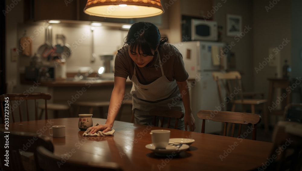 Fototapeta premium 夜の台所で日本人女性が疲れた表情で食卓を拭く写真