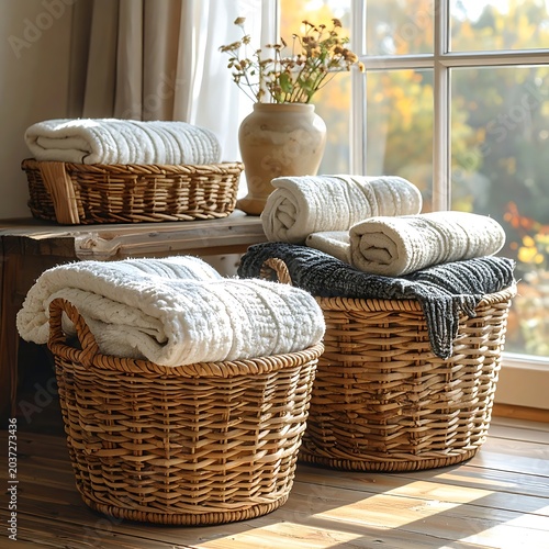 Wicker baskets with rolled towels indoor.