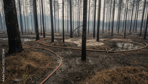Obraz na płótnie 消火後の森で濡れた灰とホースが残る山火事鎮火後の風景