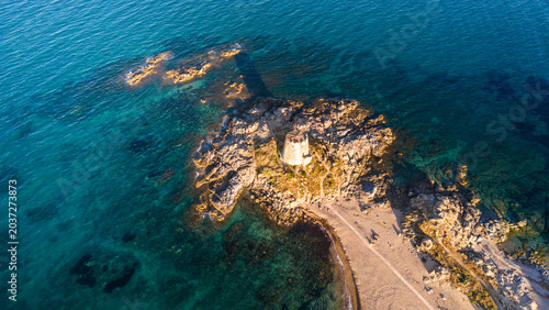 Sunset Drone Shot of Torre di Bari and Beach, Sardinia