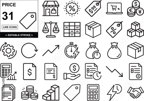 Price Icons Set – Pricing, Discount, Sale & Ecommerce Line Art Vector Icon Pack