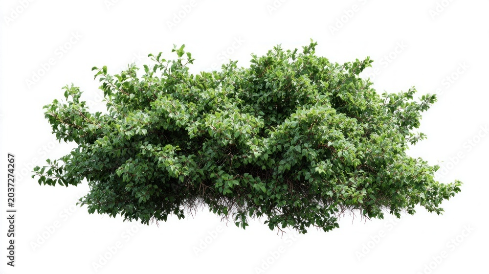 Obraz premium Lush green deciduous shrub with dense foliage and visible branches against a white background