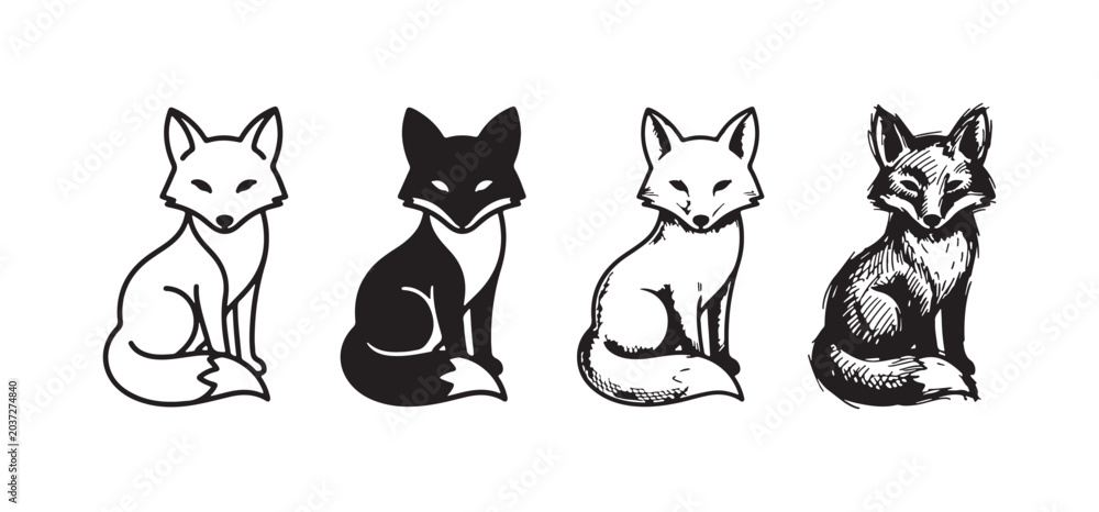 Fototapeta premium Sitting Fox Icon Set in Outline, Solid, Detailed Line Art, and Distressed Sketch Styles