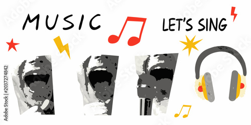 Foto Music themed vector collage with speakers notes and headphones