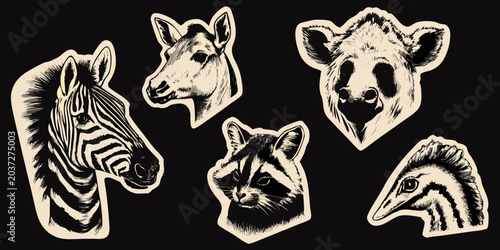 Photography Animal Head Illustrations Vintage style Vector Graphics On Black Background