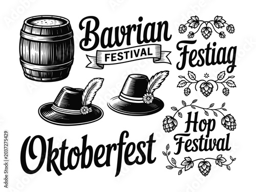Vintage illustration collection for Oktoberfest featuring a wooden barrel feathered hats and decorative hop elements with festive lettering