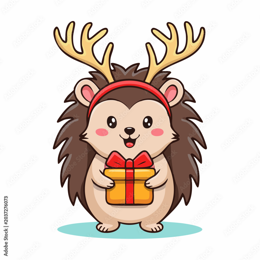 Fototapeta premium Cute Hedgehog Wearing Antlers Holding a Gift