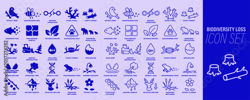 Cuadro en lienzo Biodiversity loss icon set with endangered species, deforestation, habitat destr