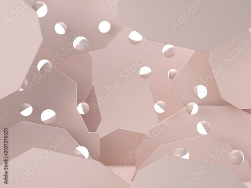 Abstract 3D background in soft pastel pink and beige tones featuring organic geometric shapes and floating white spheres. Minimal modern design with smooth texture and delicate lighting
