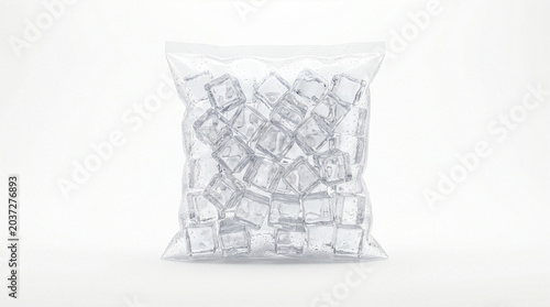 Studio shot of clear plastic bag filled with crystal ice cubes isolated on pure white background.