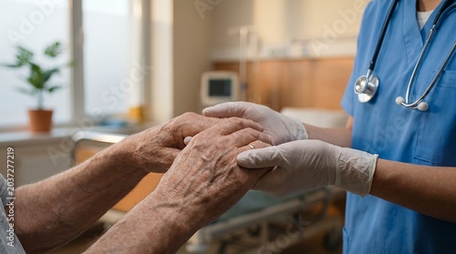 Close Up of Nurse Comforting Elderly Patient in Hospital or Nursing Home