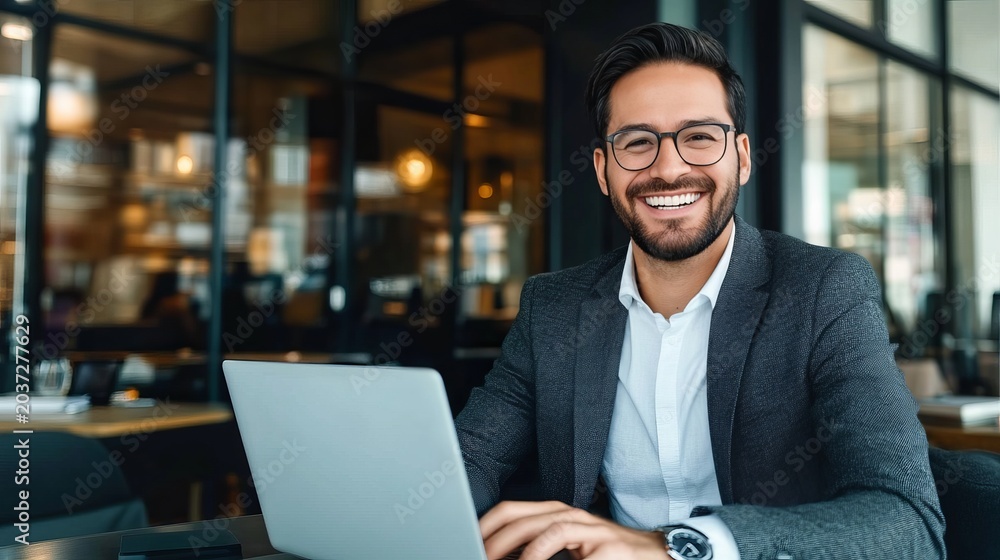 Fototapeta premium Confident young adult man in stylish attire enjoying a moment on the terrace with modern technology.