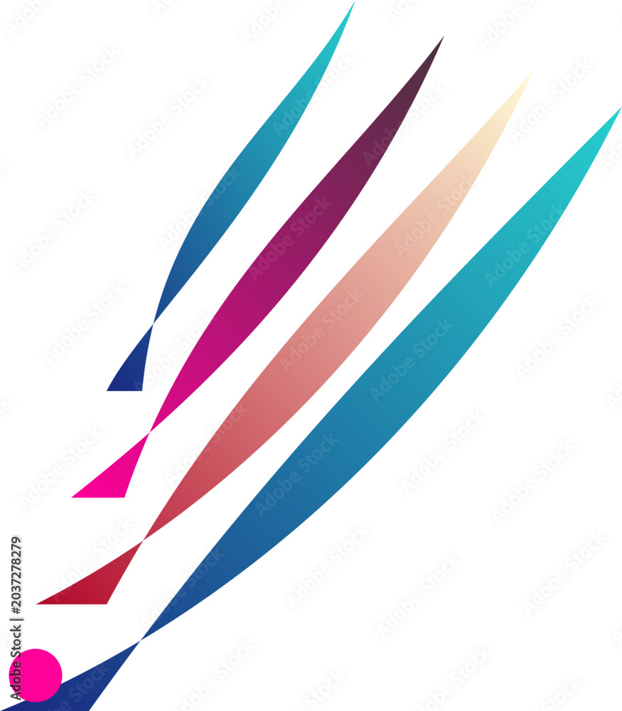 Fototapeta premium Abstract colorful wing concept design featuring geometric feather shapes and bright pink circle focal point.