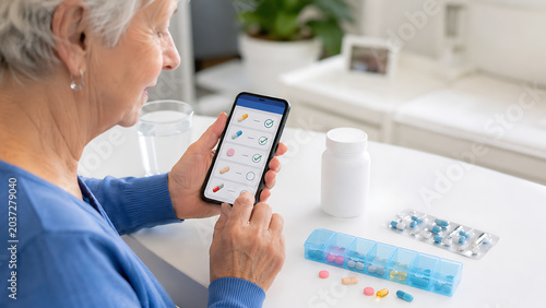 Person Using Medication Reminder App on Smartphone Near Pill Bottle at Home