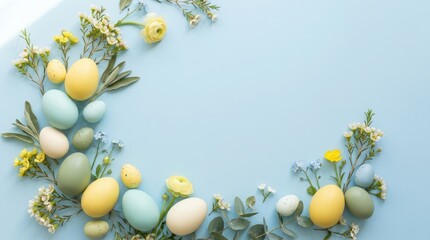 Easter eggs and spring flowers arranged in a decorative border on a pastel blue background
