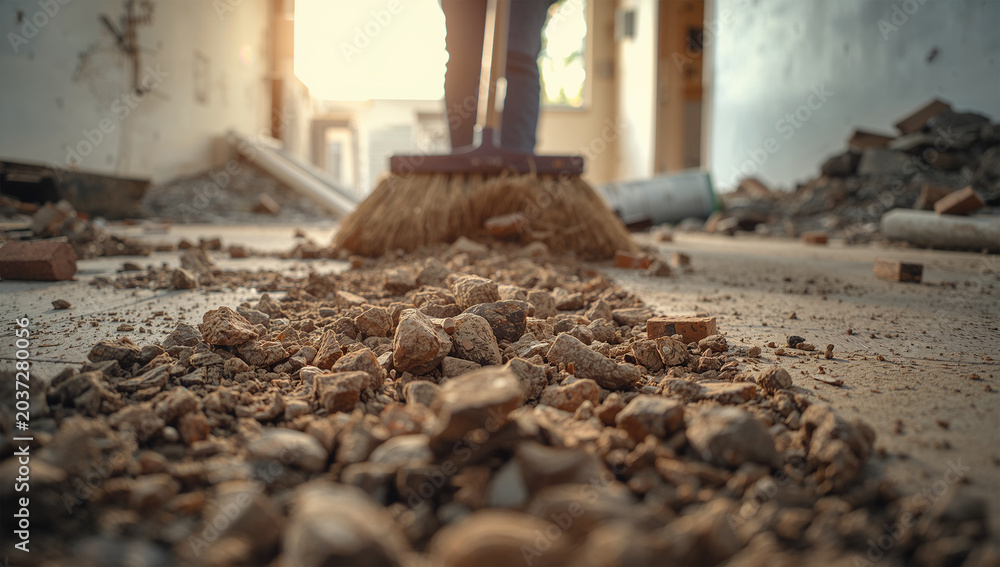 Naklejka premium 壊れた室内の床でほうきが瓦礫を集める復旧作業の写真
