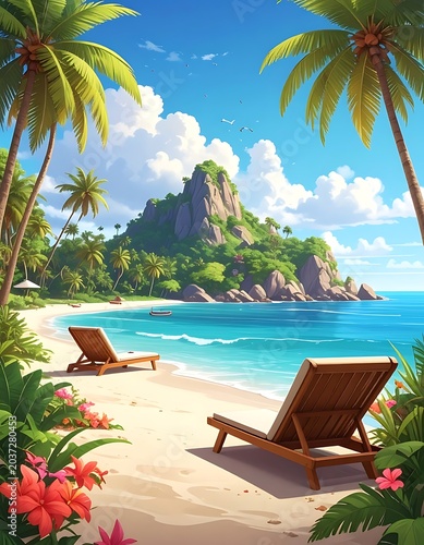 A serene beach scene with palm trees, lounge chairs, and a mountain