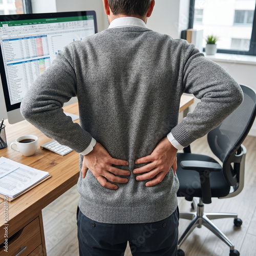 Business Professional Holding Lower Back in Pain During Desk Work with Medical and Occupational Health Concept