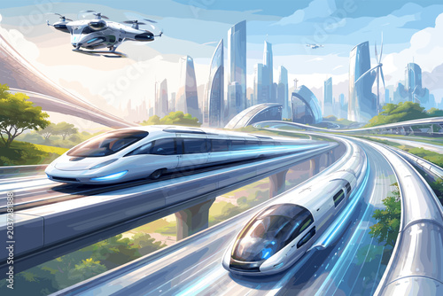 Foto A futuristic city with high-speed trains on elevated tracks and a flying vehicle in the sky, showcasing advanced urban transportation and modern architecture