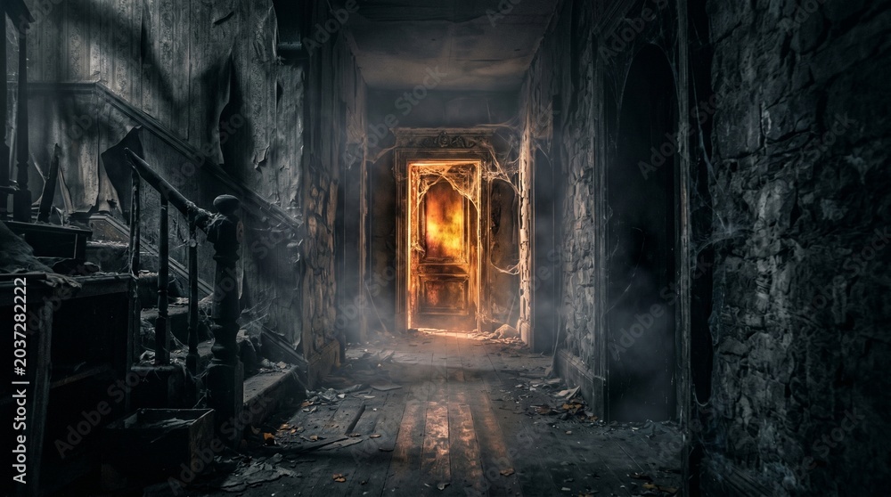 Fototapeta premium Spooky abandoned hallway halloween background with glowing door and cobwebs