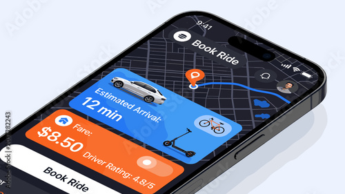 Bild auf Leinwand A close-up view of a smartphone screen displaying a modern ride-sharing application with map, fare, and estimated arrival time