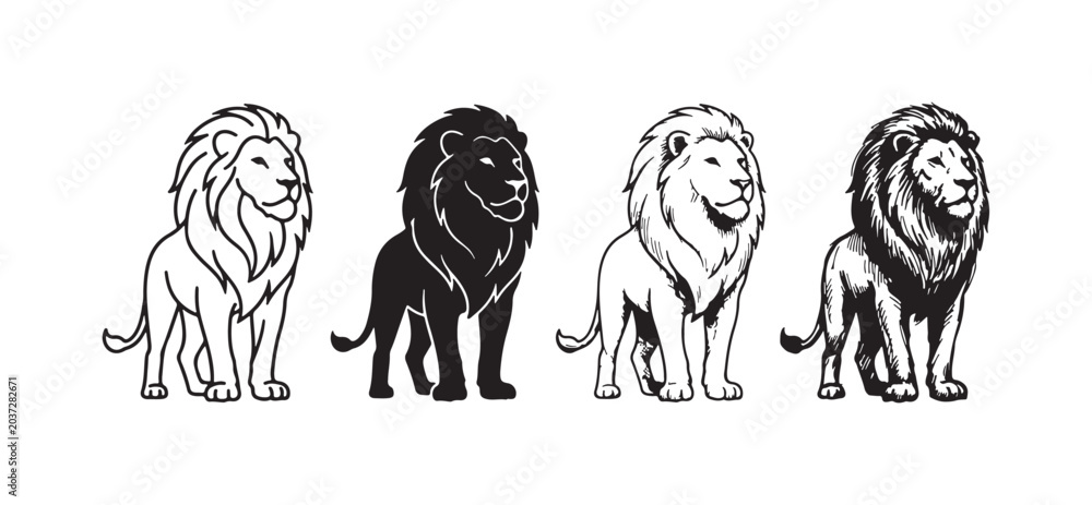 Obraz premium Collection of Black and White Lion Illustrations in Various Artistic Forms