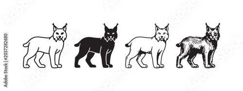 Canvas Print Four unique lynx illustrations, showcasing a front-facing view of the wild cat, rendered in distinct styles ranging from simple line art to richly textured detailing