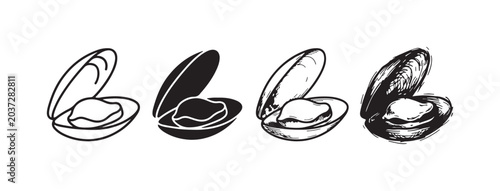 Obraz na płótnie Four black and white open clam or mussel icons, illustrating outline, solid, light etching, and rough sketch artistic styles