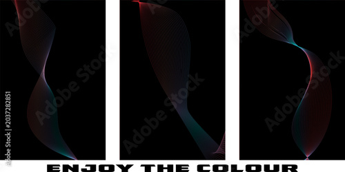 Schilderij op canvas Abstract triptych art with colorful glowing particle waves and dark background a
