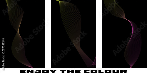 Fotografie Abstract triptych with colorful glowing flowing lines and star shapes on black a