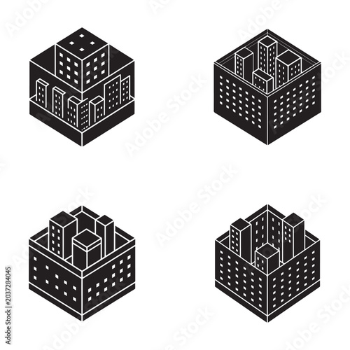 Isometric city blocks with buildings and skyscrapers in different configurations on white background
