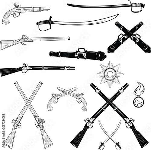 Bild auf Leinwand Vintage Antique Weapons Set with Flintlock Muskets Swords and Old Cannons Illust