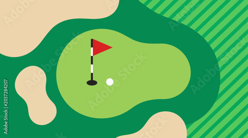 Quadro su tela a top-down view of a vibrant golf green with a bright red flag, a white ball nea
