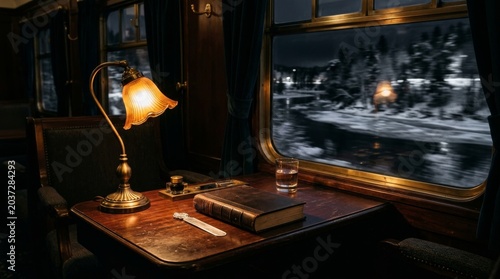 Vintage luxury train carriage interior at night, passing time through window view