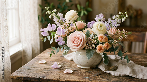 Beautiful floral arrangement in a glass vase on a rustic wooden table by a sunny window