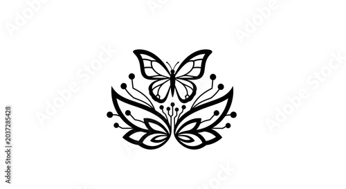 Butterfly and Abstract Floral Design - Black and White Vector Art